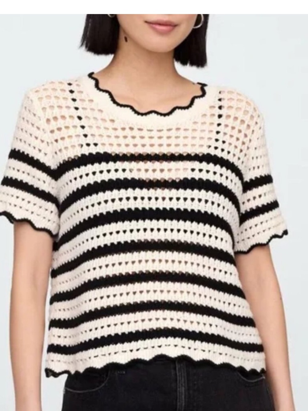 GAP Black and Off-White Crochet Stripe Short-Sleeve Sweater